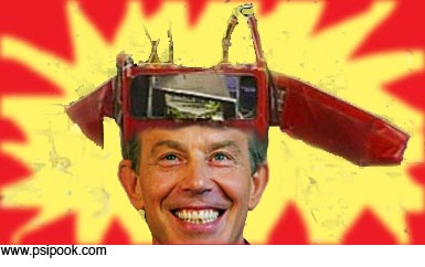 Tony Blair with a bus on his head