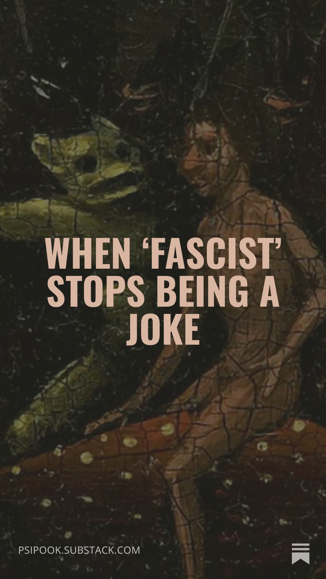 Detail of Bosch's Garden of Earthly Delights showing a demon directing a man riding a fish. The picture is overlaid with the article title 'When 'fascist' stops being a joke.'