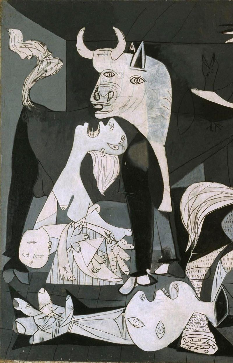 A detail of Picasso's Guernica featuring the bull