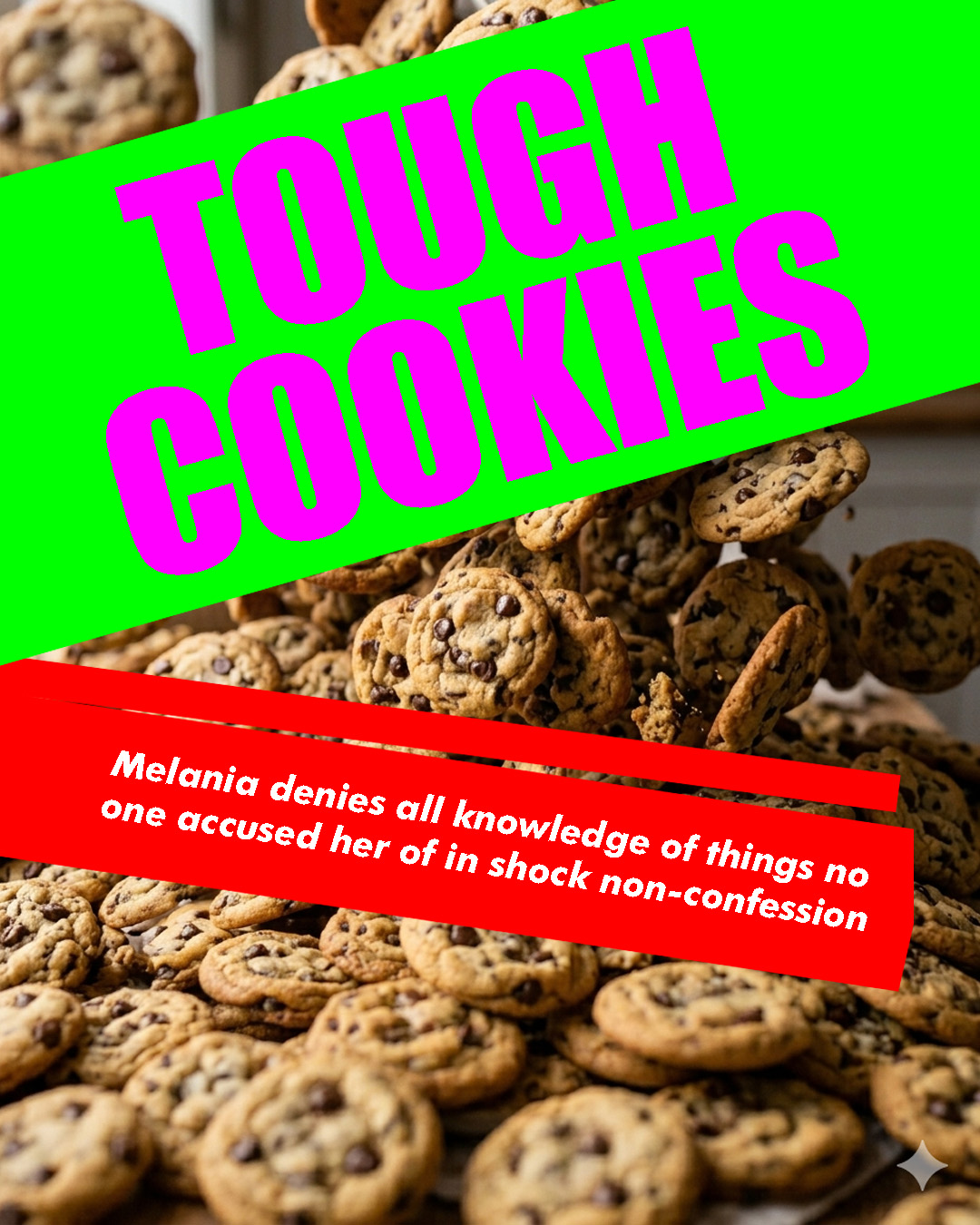 A satirical social media graphic using a dramatic photo of chocolate chip cookies cascading and tumbling as the background. Overlaid diagonally in the upper portion is a vivid green banner with large bold magenta lettering reading "TOUGH COOKIES." In the lower left, a red angled banner contains white italic text reading: "Melania denies all knowledge of things no one accused her of in shock non-confession." A small four-pointed star graphic appears in the bottom right corner.