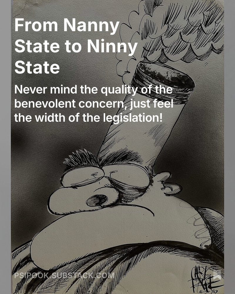 Pen-and-ink cartoon of a scowling face whose head morphs into a giant cigarette, belching smoke — used to illustrate an article titled "From Nanny State to Ninny State" with the subheading "Never mind the quality of the benevolent concern, just feel the width of the legislation!"
